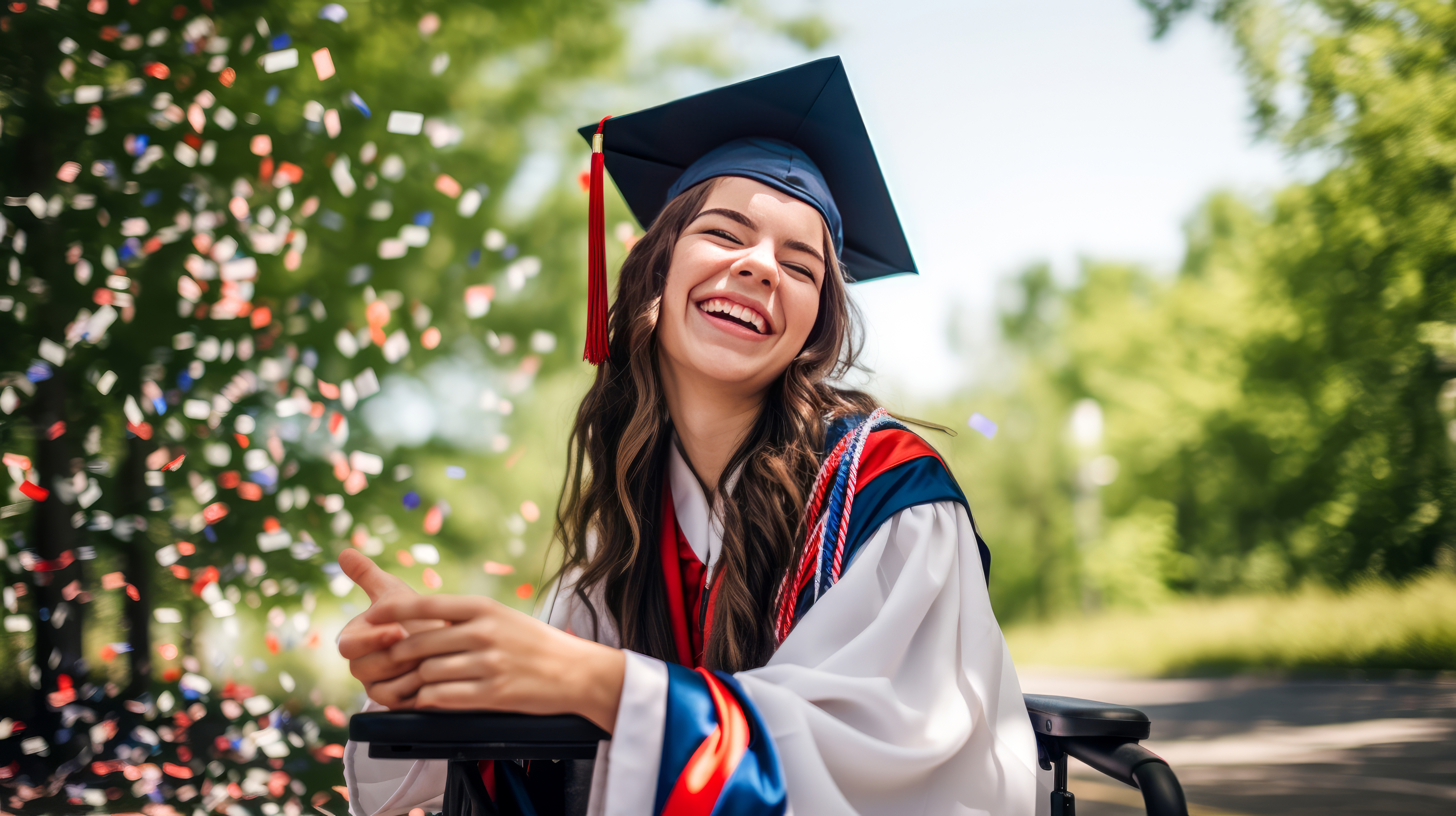 Happy caucasian female graduating student on wheelchair celebrating Graduation. Disabled handicapped teenager. School graduation.