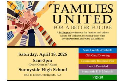 A graphic of diverse colored hands all together to signify Unity. The words Families United for a Better Future April 18