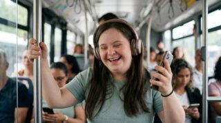 Girl with Down Syndrome listening to music while riding a bus
