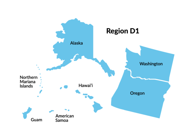 Region D1 map: Alaska, Washington, Oregon, Hawaii, Guam, American Samoa, and Northern Mariana Islands