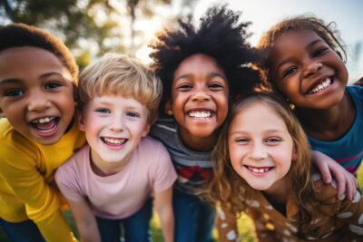 Group of diverse cheerful fun happy multiethnic children outdoors at the schoolyard