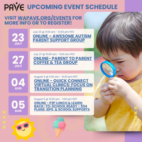 Upcoming event schedule for the week in graphic form. To view the whole calendar go to wapave.org/events