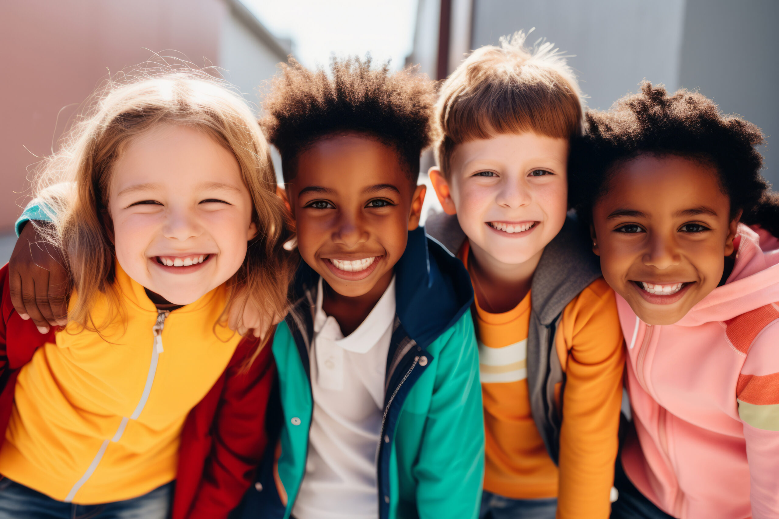Group of cheerful schoolchildren hugging and looking at camera. Happy smiling multiethnic kids posing for group portrait. Children of different skin colors go to school together. Diversity concept