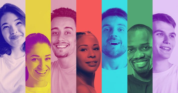 A diverse group of seven smiling young adults shown in vertical panels, each overlaid with a different bright color, including purple, yellow, pink, red, blue, green, and lavender.