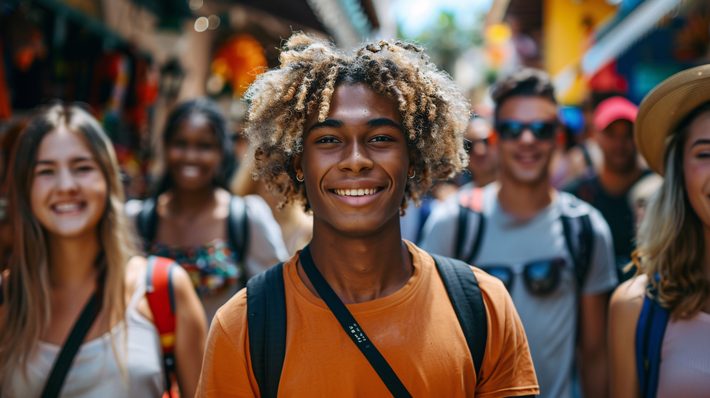 A smiling young Black man with curly, highlighted hair stands at the center wearing an orange T-shirt and black backpack. He is surrounded by a diverse group of smiling young adults walking together along a colorful outdoor street.