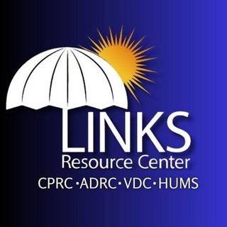 LINKS Resource Center logo featuring a white umbrella with a yellow sun rising behind it on a dark blue gradient background. Text reads “LINKS Resource Center” with “CPRC · ADRC · VDC · HUMS” below.