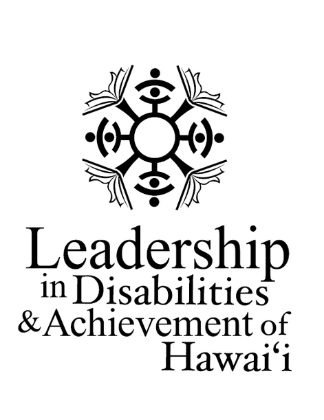 Black-and-white logo for Leadership in Disabilities & Achievement of Hawai‘i (LDAH), featuring a circular design with four eye-like symbols and decorative patterns above the organization’s name in elegant serif lettering.